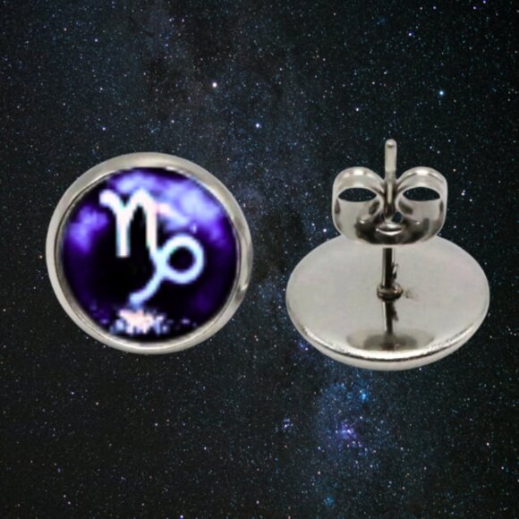 CAPRICORN  CABOCHON ZODIAC EARRINGS - Picture 3 of 4